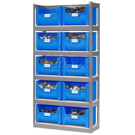 Global Industrial Steel Boltless Wood Deck Shelving, 10 Plastic Hopper Bins Blue, 42x15x84 238203BL